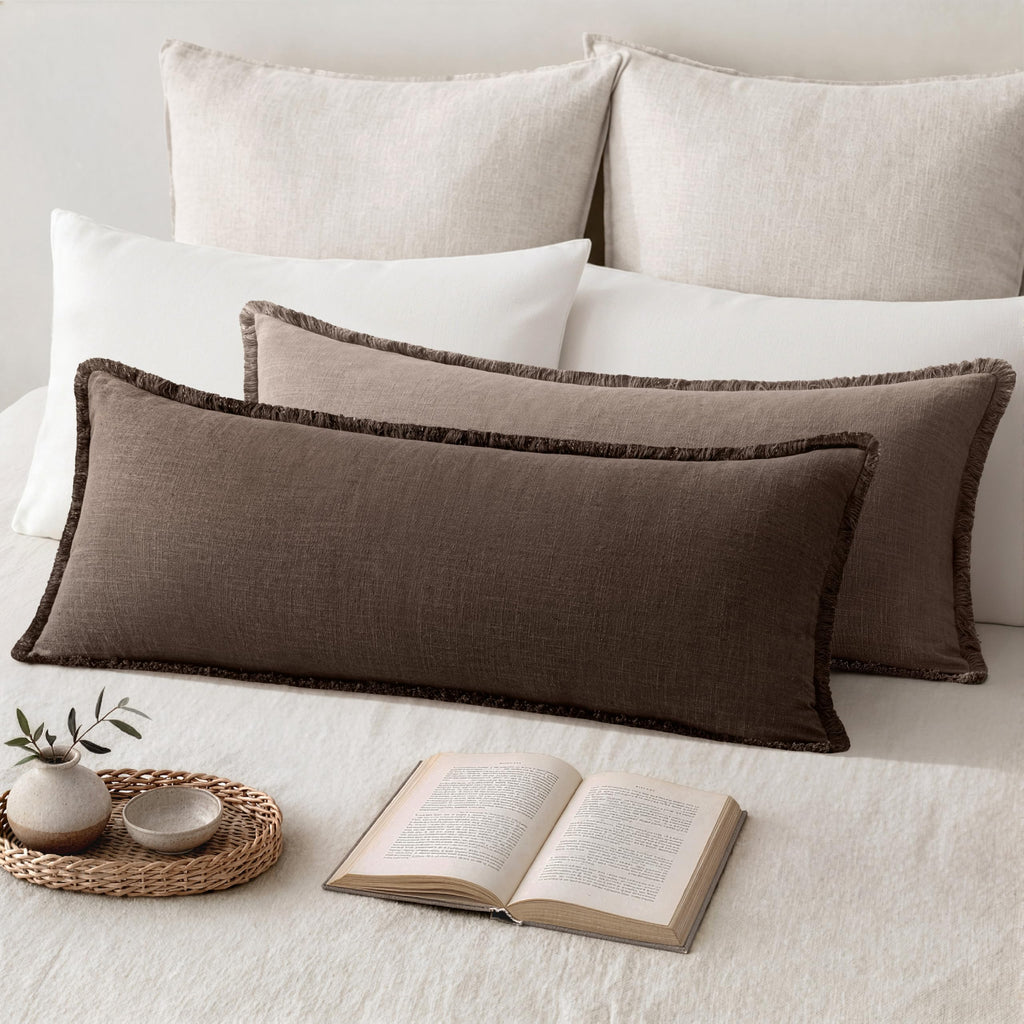 14x36 Long Linen Fringe Lumbar Pillow Covers Set of 1 Reddish Brown