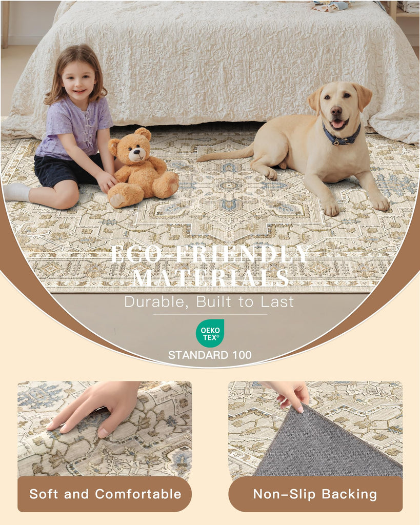 8x10 Area Rugs, Non-Slip Washable Rug, Beige/Blue