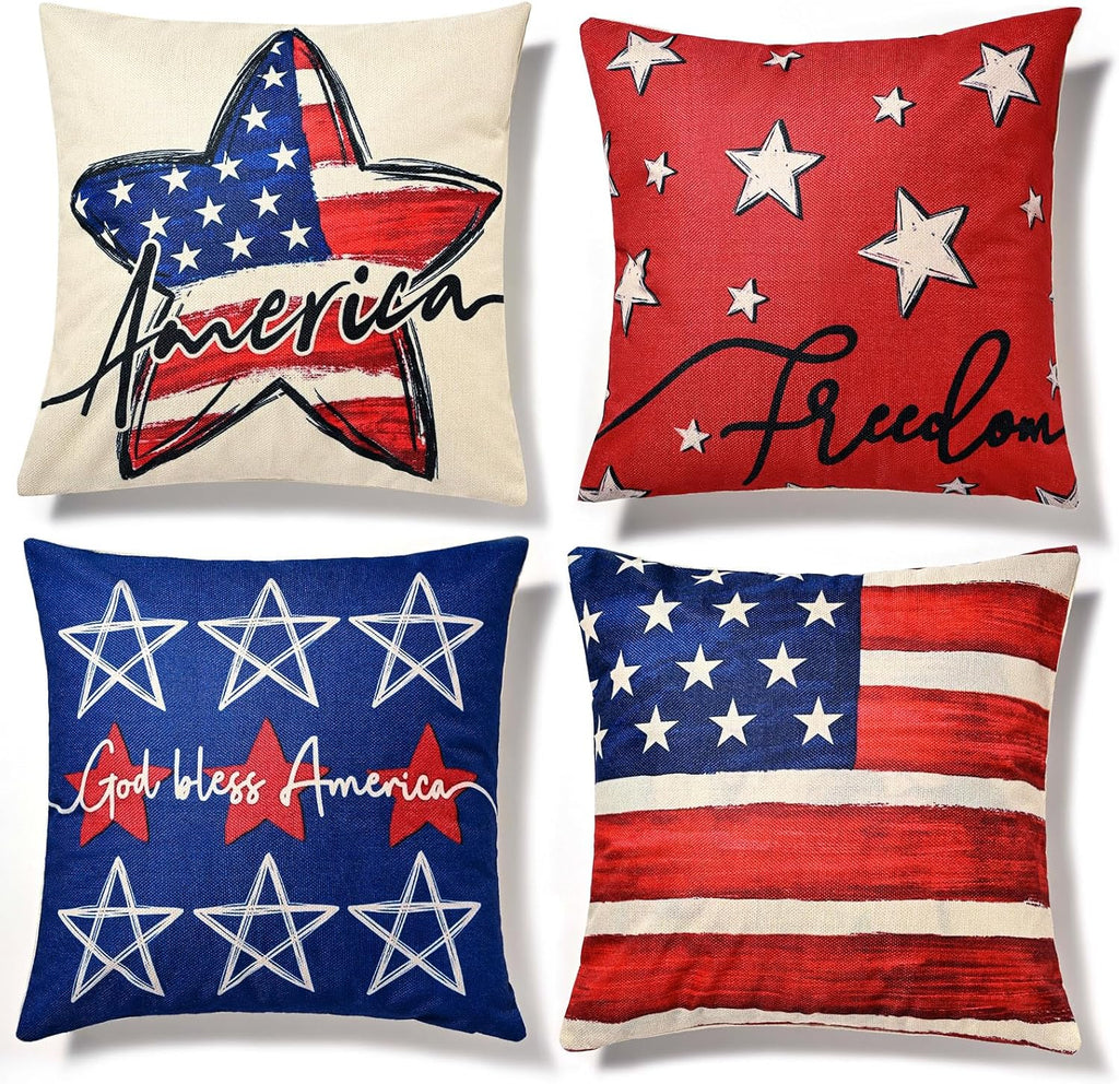 Patriotic Decor-Throw Pillow Covers 18x18 in Set of 4,4th of July Linen Pillow Case for Independence Day,Memorial