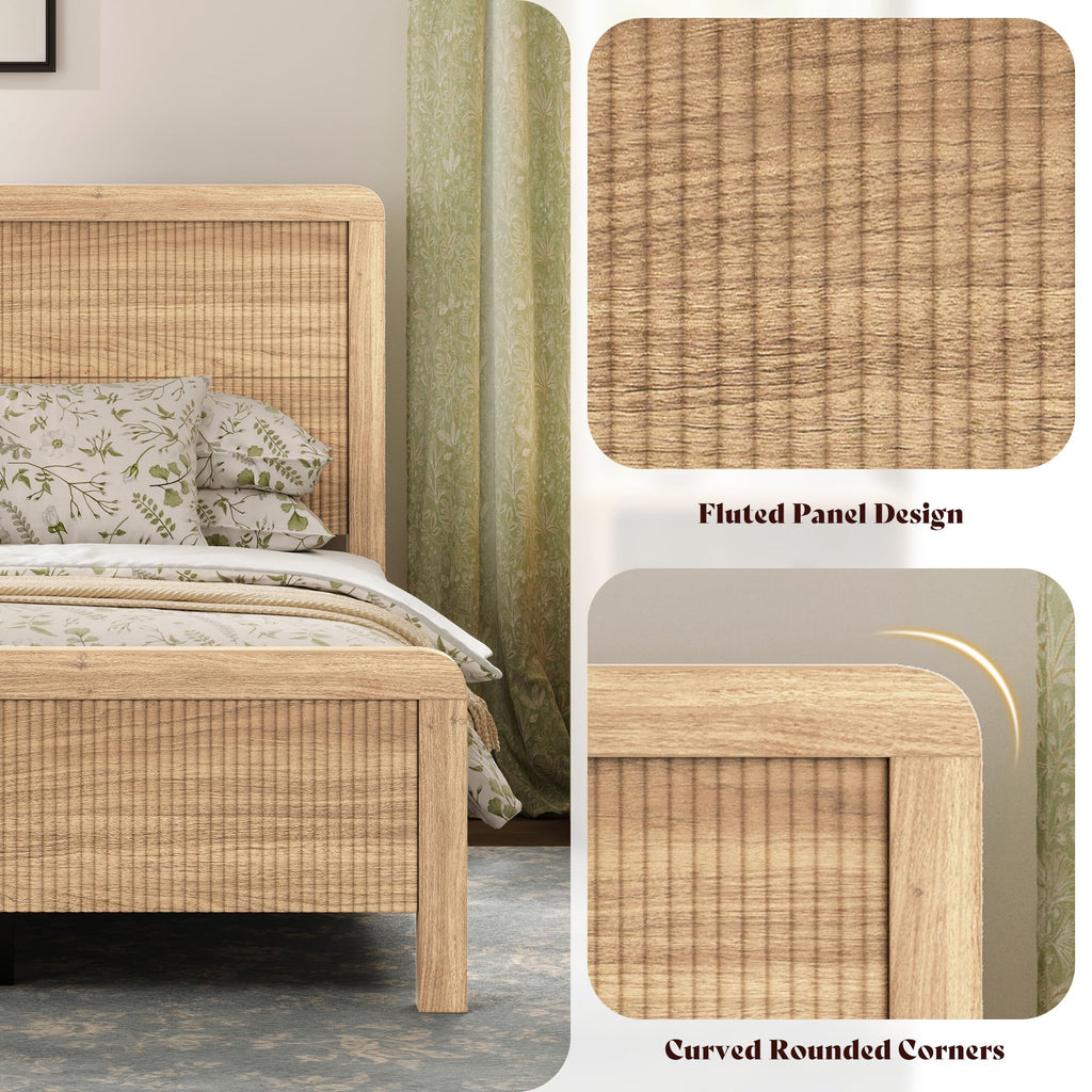 Wood Full Size Bed Frame with Fluted Headboard & Footboard, Oak