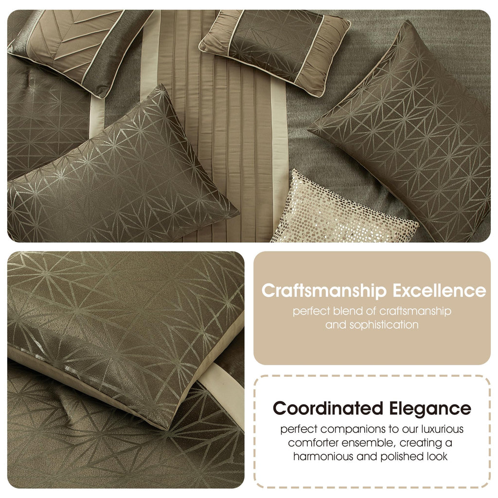 Taupe Comforter Set King Size, Geometric Bedding Set, Jacquard with Matching Solid Piecework, Bedskirt, Pillows &