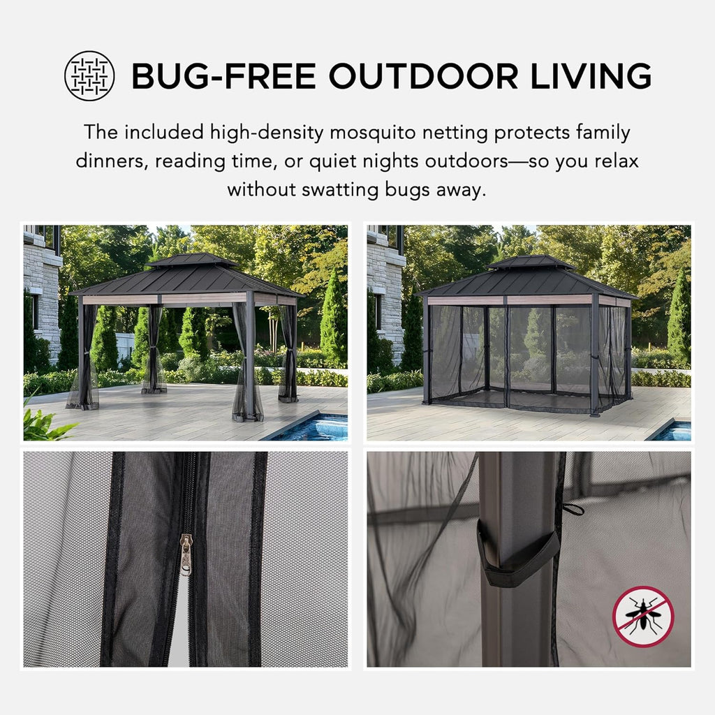 10x12 Hardtop Gazebo with Heavy-Duty Galvanized Steel Double Roof, Mosquito Netting & Woodgrain Finish Beams