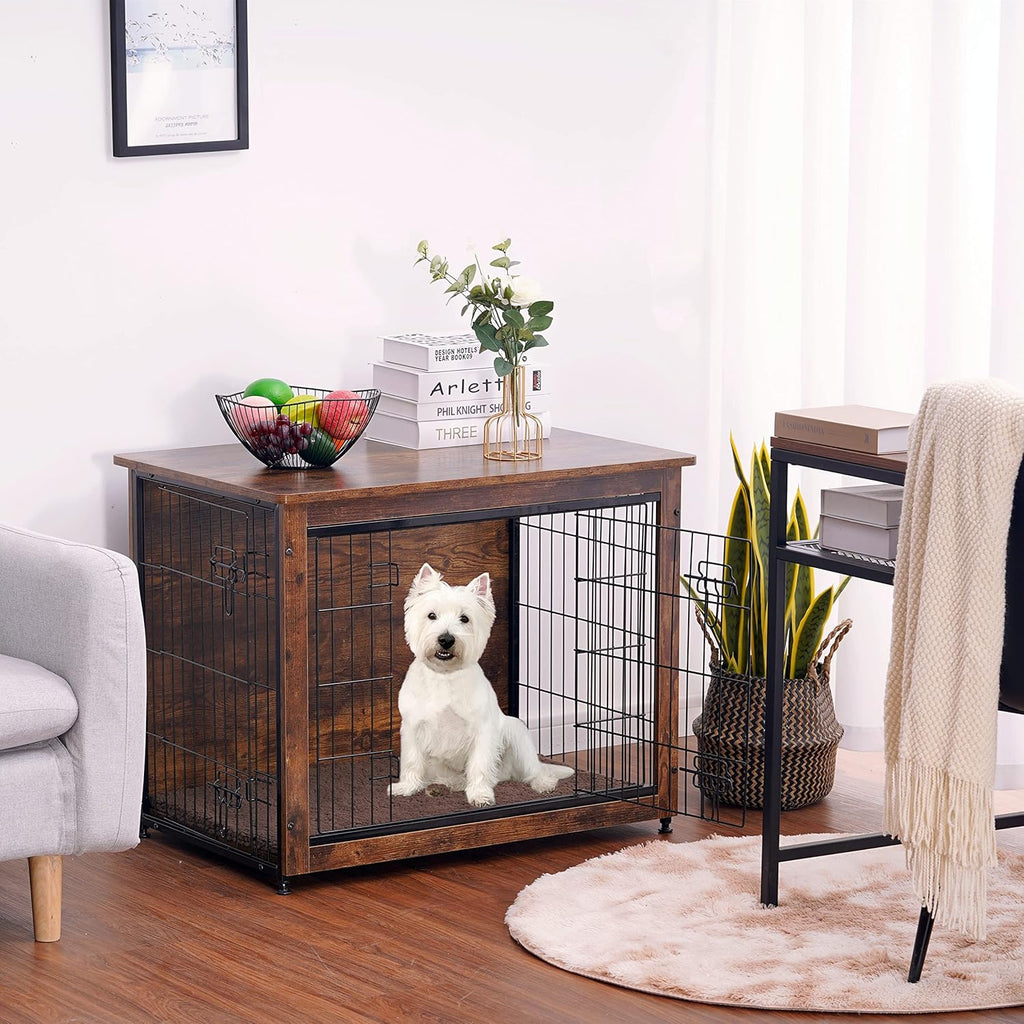 Dog Crate Furniture with Cushion, Wooden Kennel Table with Double Doors, Indoor Dog House