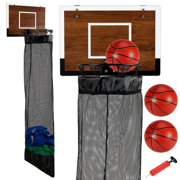 Over the Door Basketball Hamper,Wooden Hanging Basketball Hoop Laundry Basket with Zipper,3 Balls and Pump for Kids