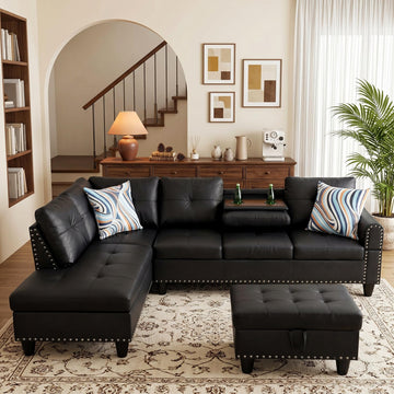 Leather L-Shaped Couch Set, 97.5"L x 69.5"W Sectional Sofas Black