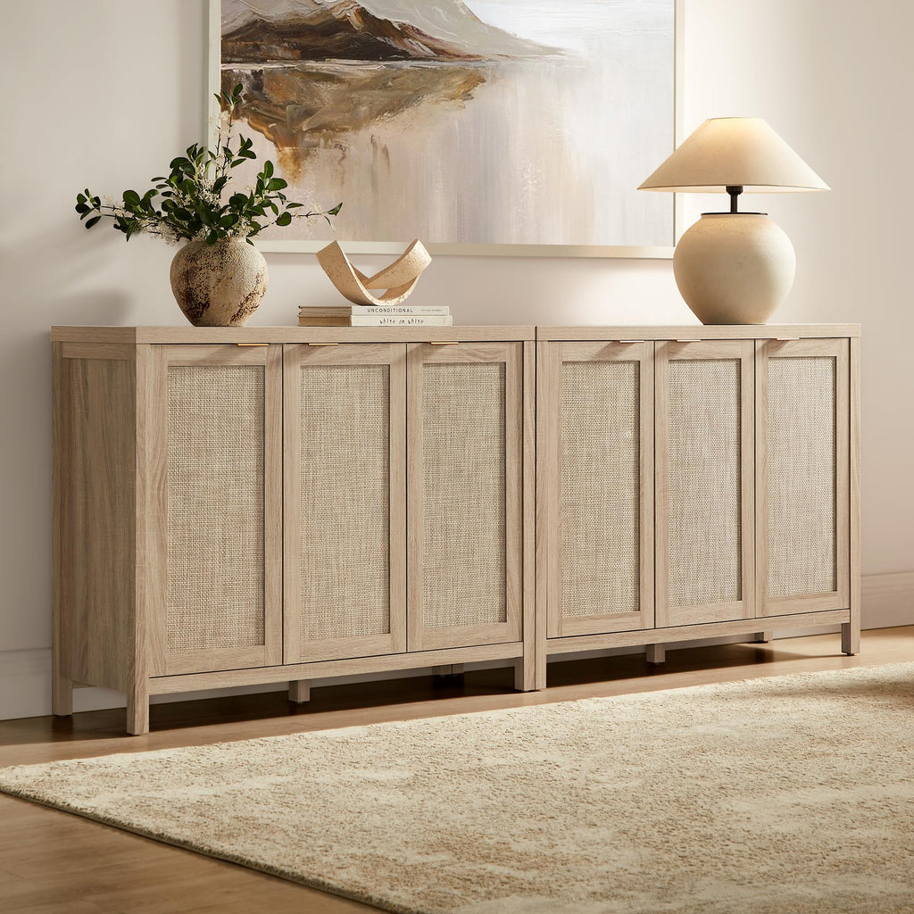 Rattan Buffet Cabinet with Storage 87" Sideboard Cabinet with 6 Doors & Adjustable Shelves Wood Sideboard Credenza