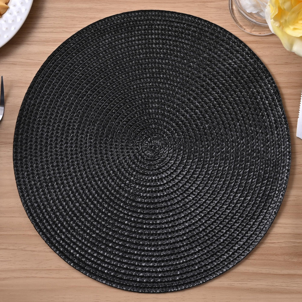 Round Braided Placemats Set of 8 Place Mats for Dining Table Woven Washable Non-Slip Table Mats 13.5 Inch (Black