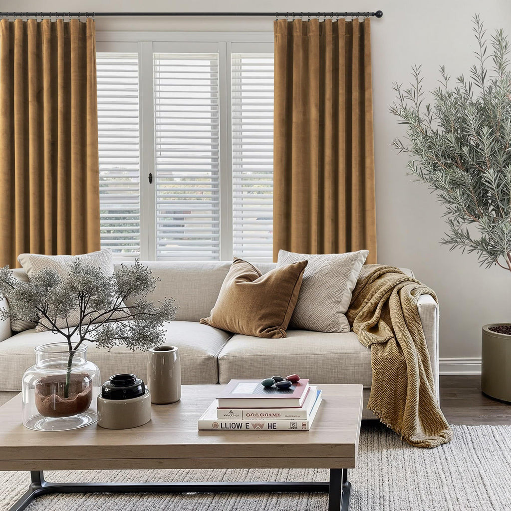 Gold Brown Velvet Curtains 108 Inch Long 2 Panel Sliding Door Insulating Soundproof Noise Reduction Drape Mid Century