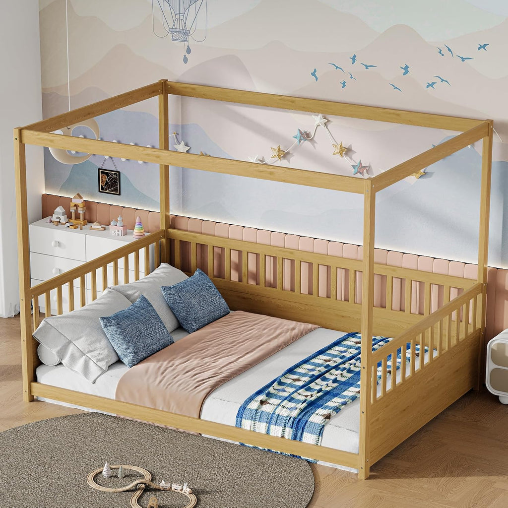 Canopy Bed Frame with 4 Posters and Guardrails, Montessori Floor Bed with High Fence, Natural