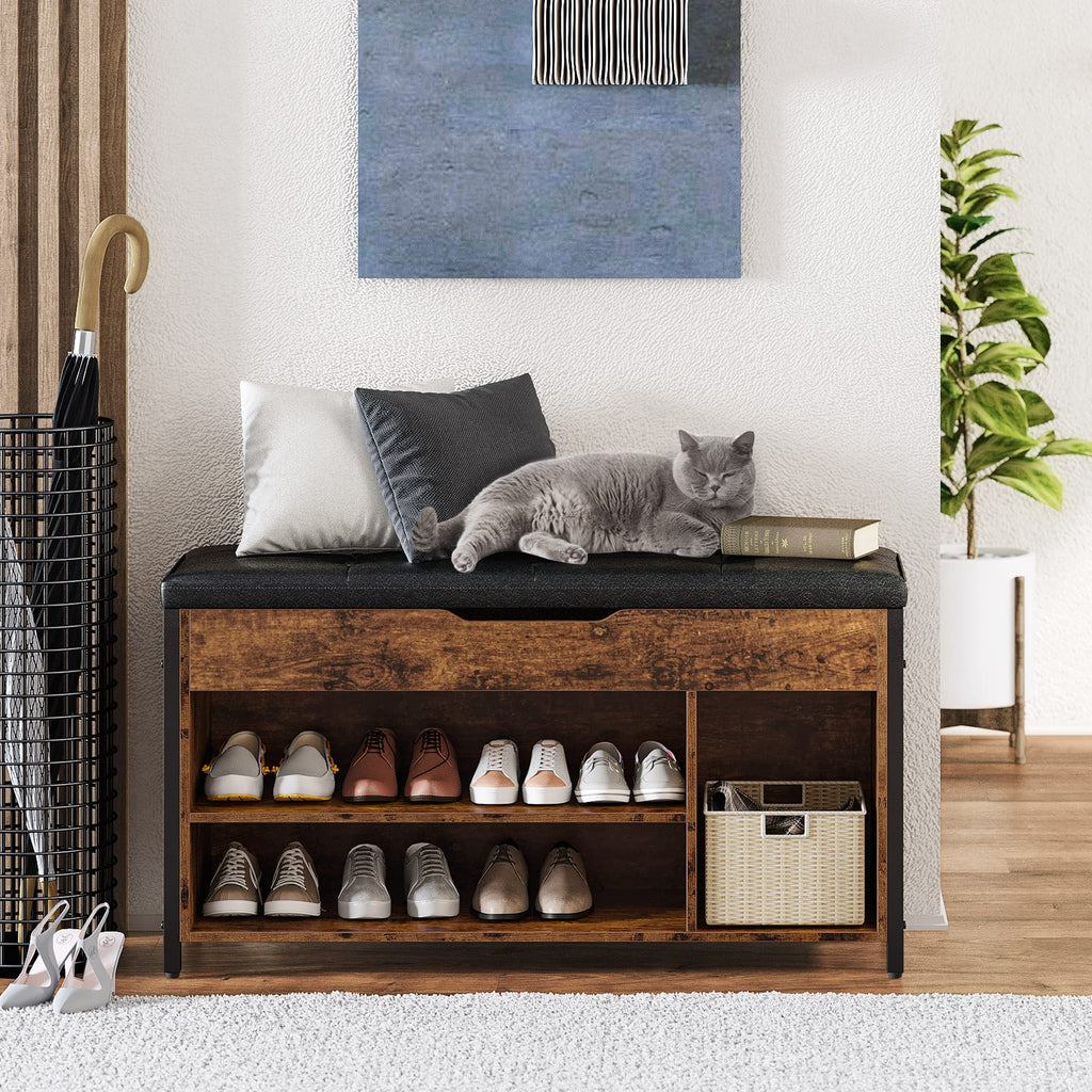 Shoe Bench, Lift Top Shoe Storage Bench, Adjustable Shelf Entryway Bench, Metal and Wood Shoe Rack Organizer with