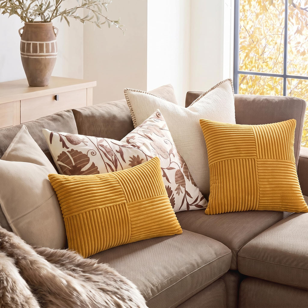 Gold Yellow Decorative Throw Pillow Covers 22x22 Inch Couch Bed, Boho Farmhouse Fall Home Decor, Soft Corss Corduroy