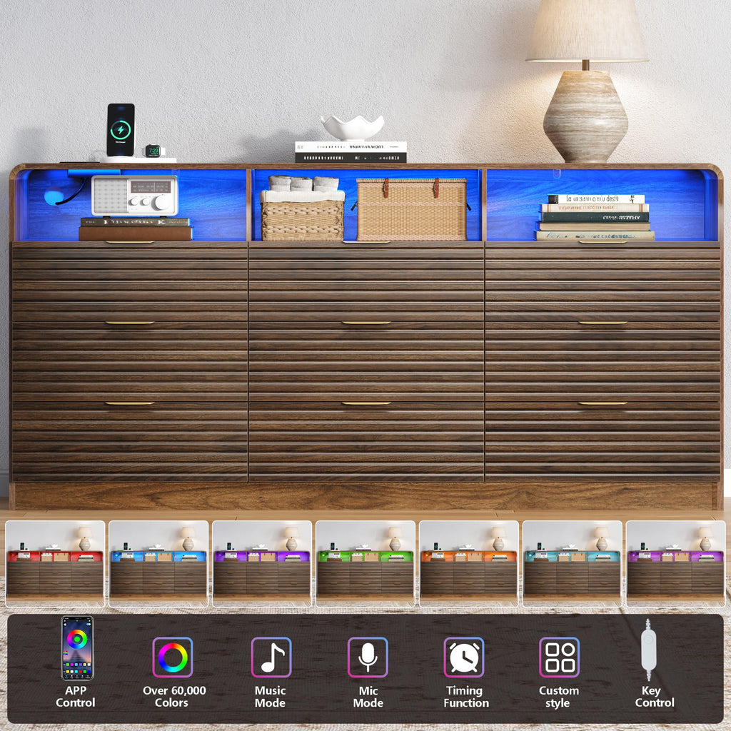 63'' Wide Fluted 9 Drawers Dresser with 3 Cubbies, LED Dressers & Chests of Drawers with Power Outlet, Modern Fluted