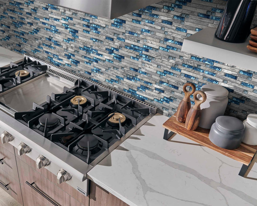 Gray Marble Tile Backsplash 12 in. x 12 in. x 8 mm Teal Blue Glass Mosaic Bathroom Shower Wall Linear Tiles (Pack of