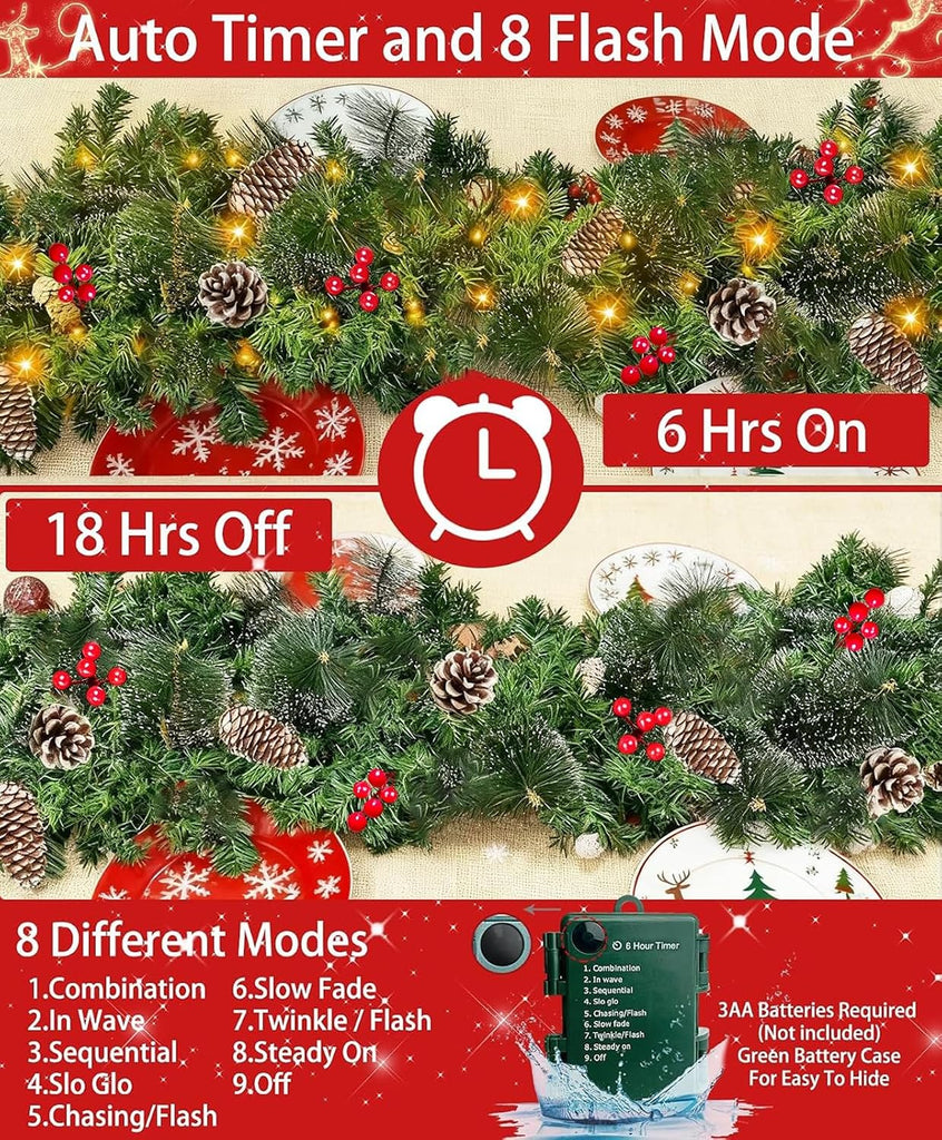 Timer - 9Ft by 10 Inch Prelit Christmas Garland with 50 Warm Lights