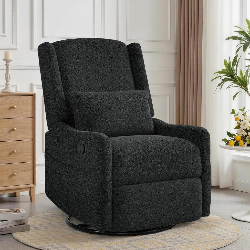 Glider Recliner Rocking Chair, 360° Swivel Boucle Nursery Chair, Comfy Upholstered Recliner ,Black