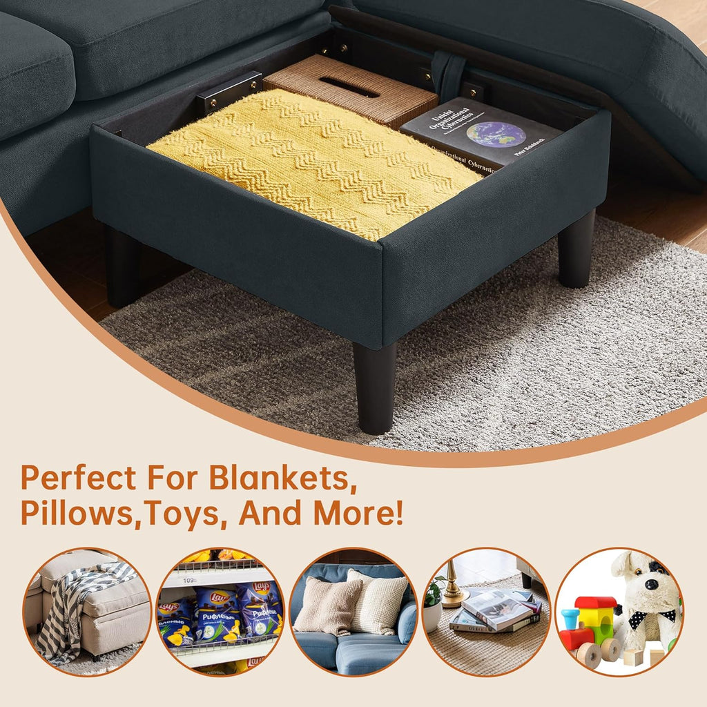 Convertible Sectional Sofa, Modern L Shaped 3-seat Sofa, 79" Linen Fabric Small Sectional Couch with Movable Ottoman