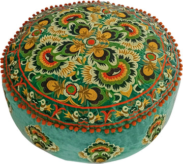 Green Round Velvet Pouf Cover - Soft Embroidered Ottoman Slipcover with Moroccan Design, 24 Inch Diameter, Ideal , or