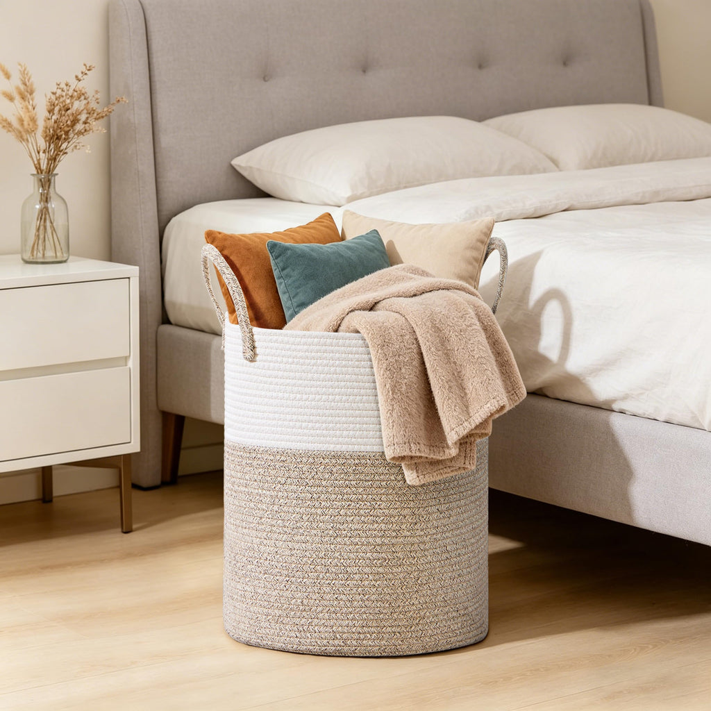 53L Tall Cotton Rope Laundry Basket with Handles, Brown