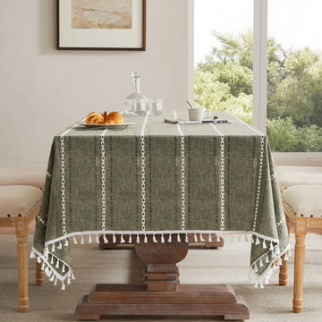 Hemstitched Embroidery Striped Boho Tablecloth 54x70 Inch Olive, Heavy Weight Farmhouse Burlap Linen