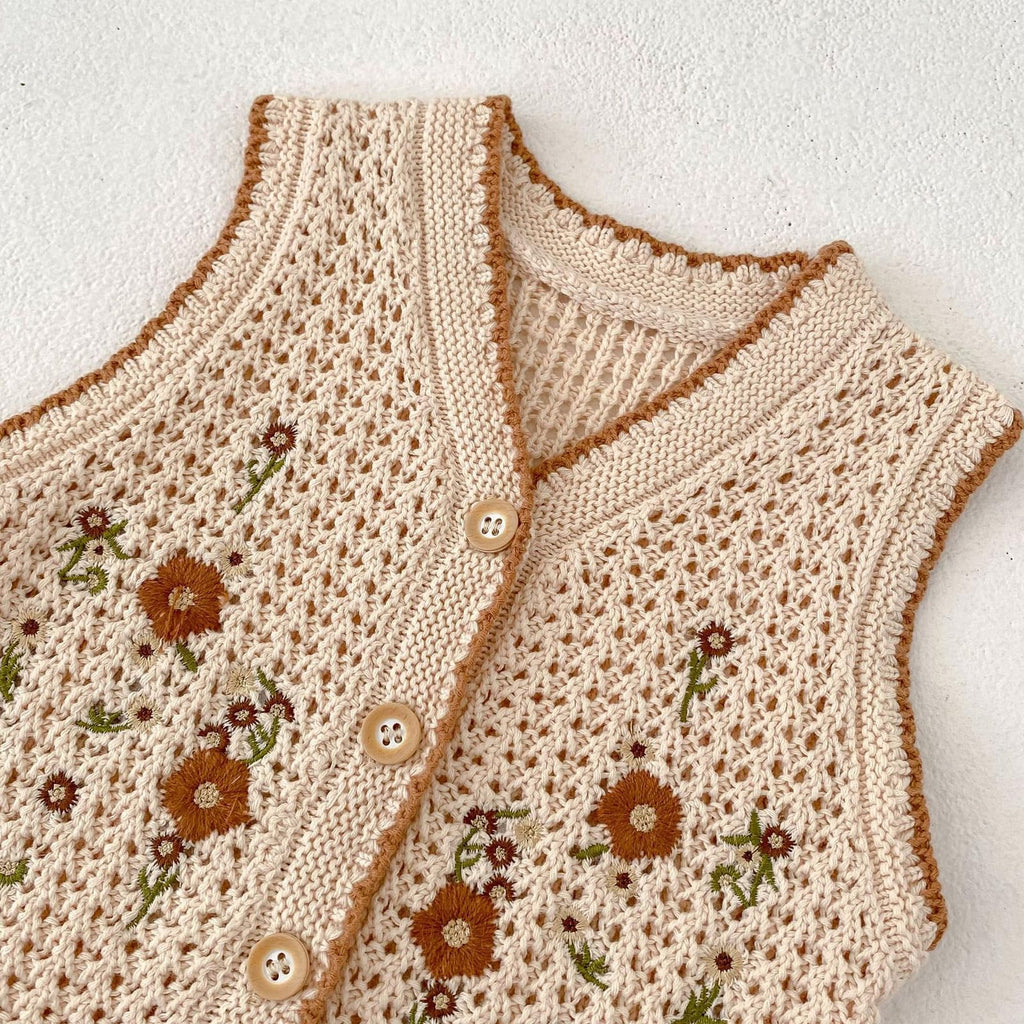 Baby Girls Embroidered Cotton Vintage Sweater Vest Knitted Cardigan