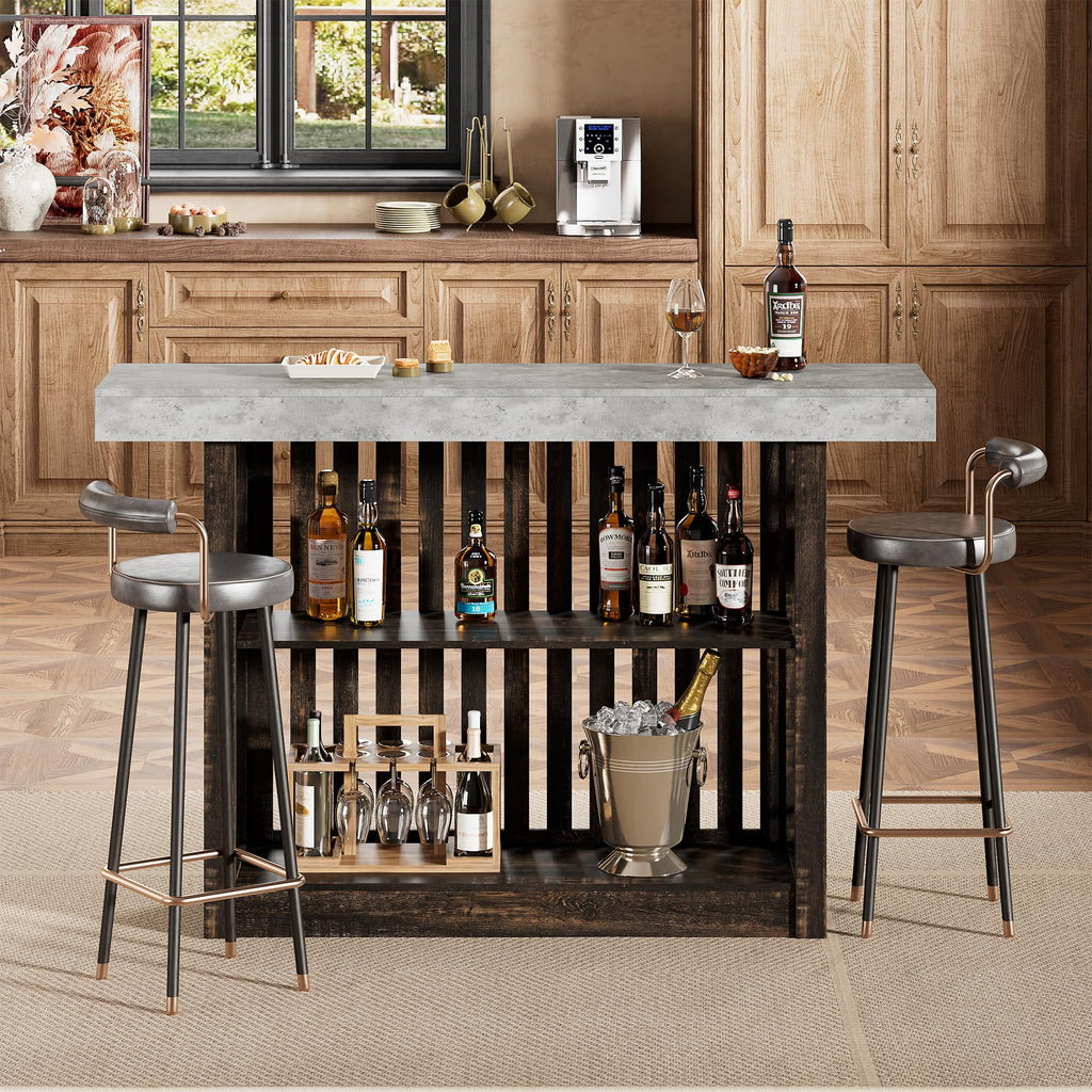 63" Long Bar Table - Counter Bar Height Pub Table with 2 Tier Storage Shelves, Modern Coffee Breakfast Bar Unit