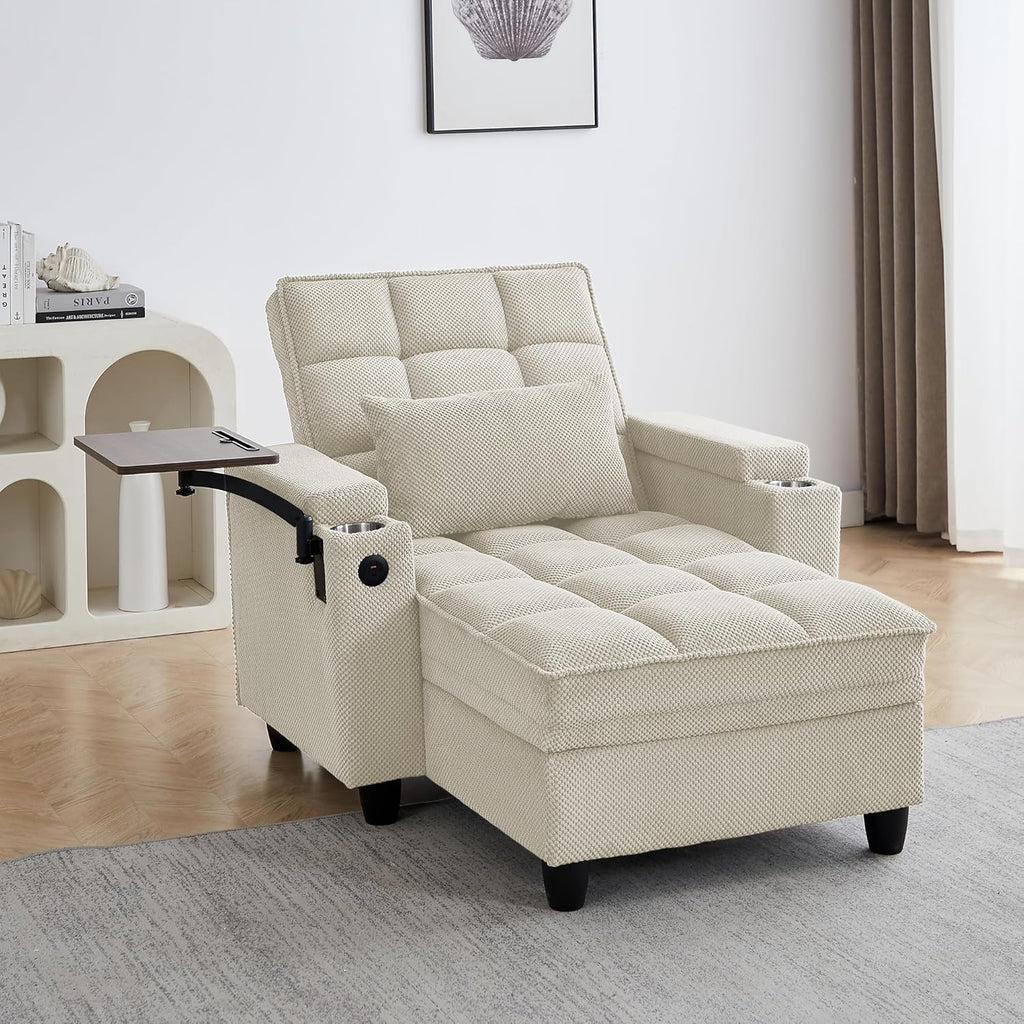 6-Position Adjustable Convertible Chaise Lounge Sleeper Chair with Storage, Modern Recliner Armchair with Swivel Tray