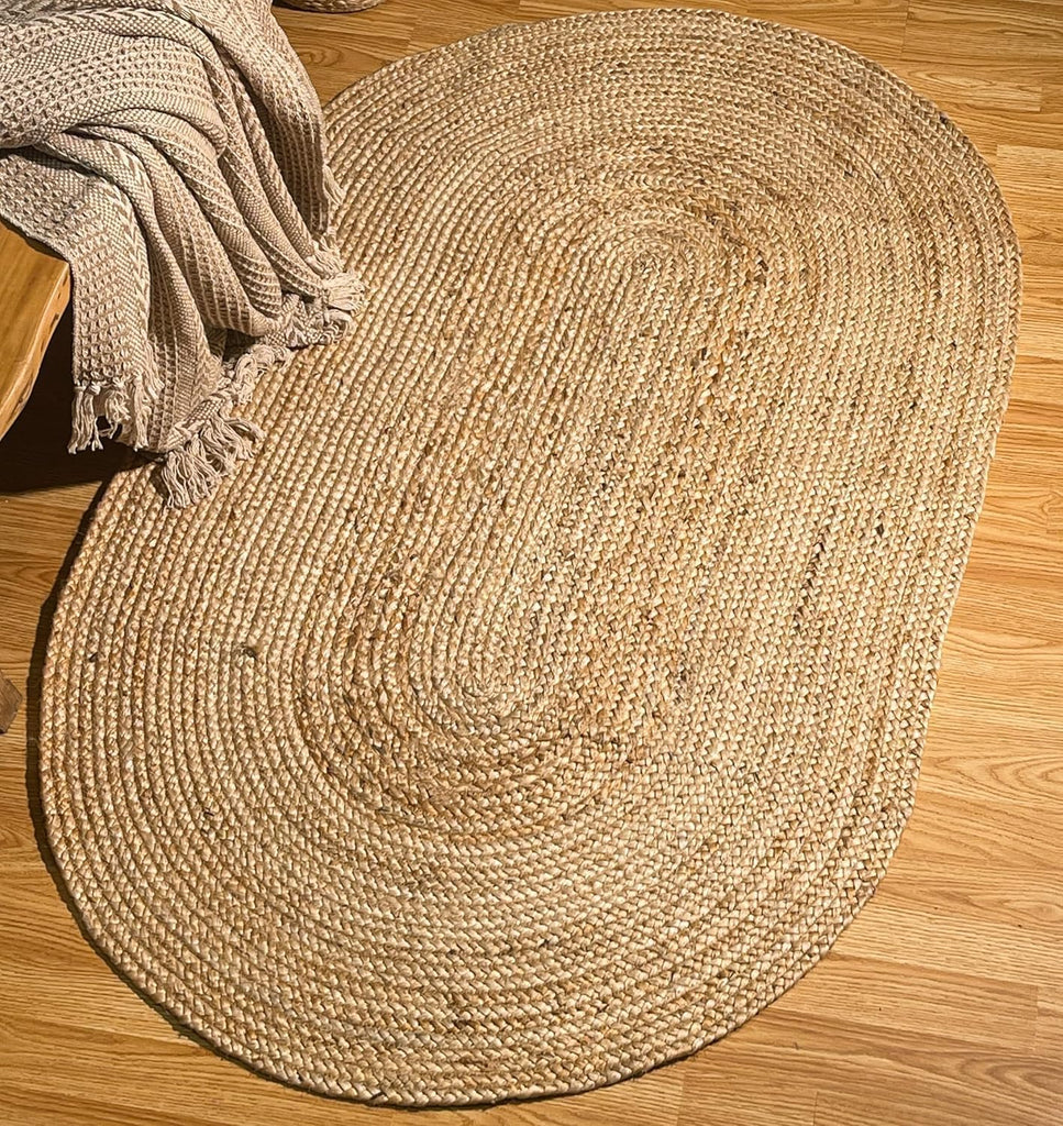 Hand Woven Natural Jute Braided Area Rug - 3x5 Feet Oval | Vintage Boho Reversible Rug , Dining Area, Entryway |