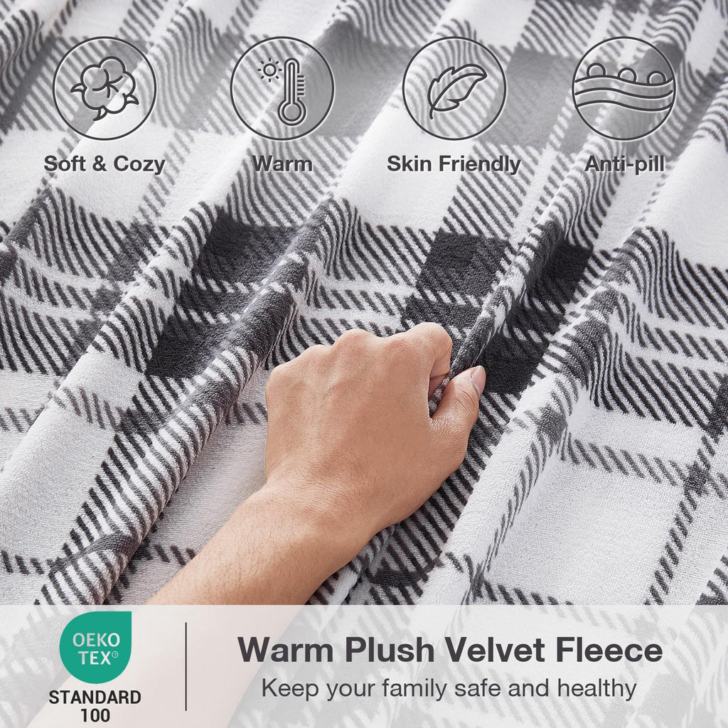 Fleece Sheets Full Size, Flannel Like Soft, Grey White Plaid
