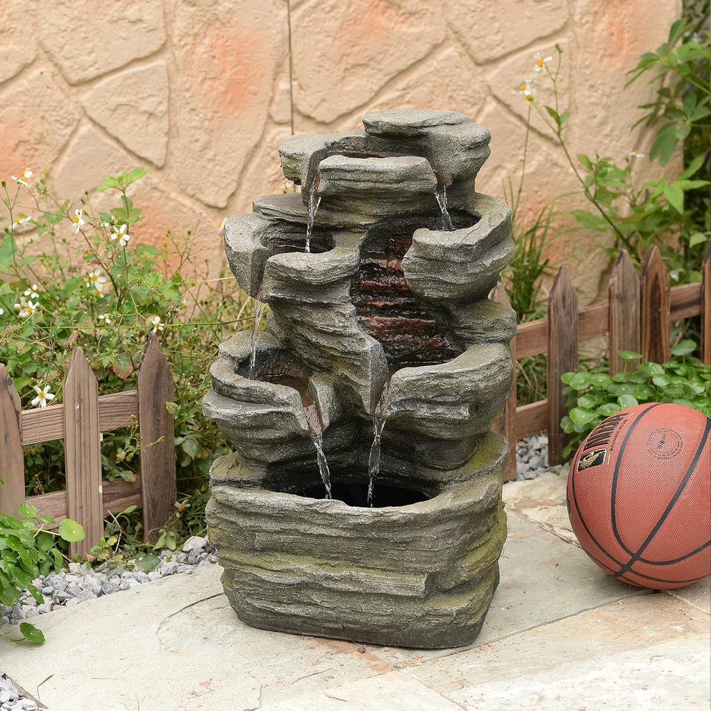 24.2" H Rock Cascading Water Fountain Outdoor&Indoor, 6-Tier Garden Fountains, Floor-Standing Waterfall with Lights