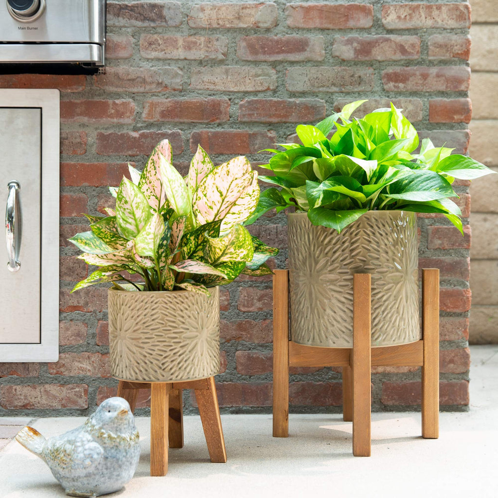 Mid Century 2pcs 10 inch & 8 inch Sunburst Ceramic Planter on Wood Stand, Set of 2