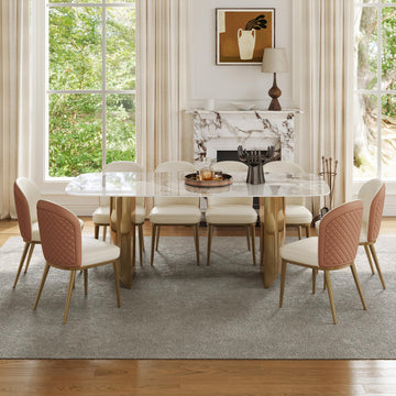 Rectangular Dining Table for 8-10 People, 79 inch Luxury Kitchen Table with Sintered Stone Tabletop and Gold Metal