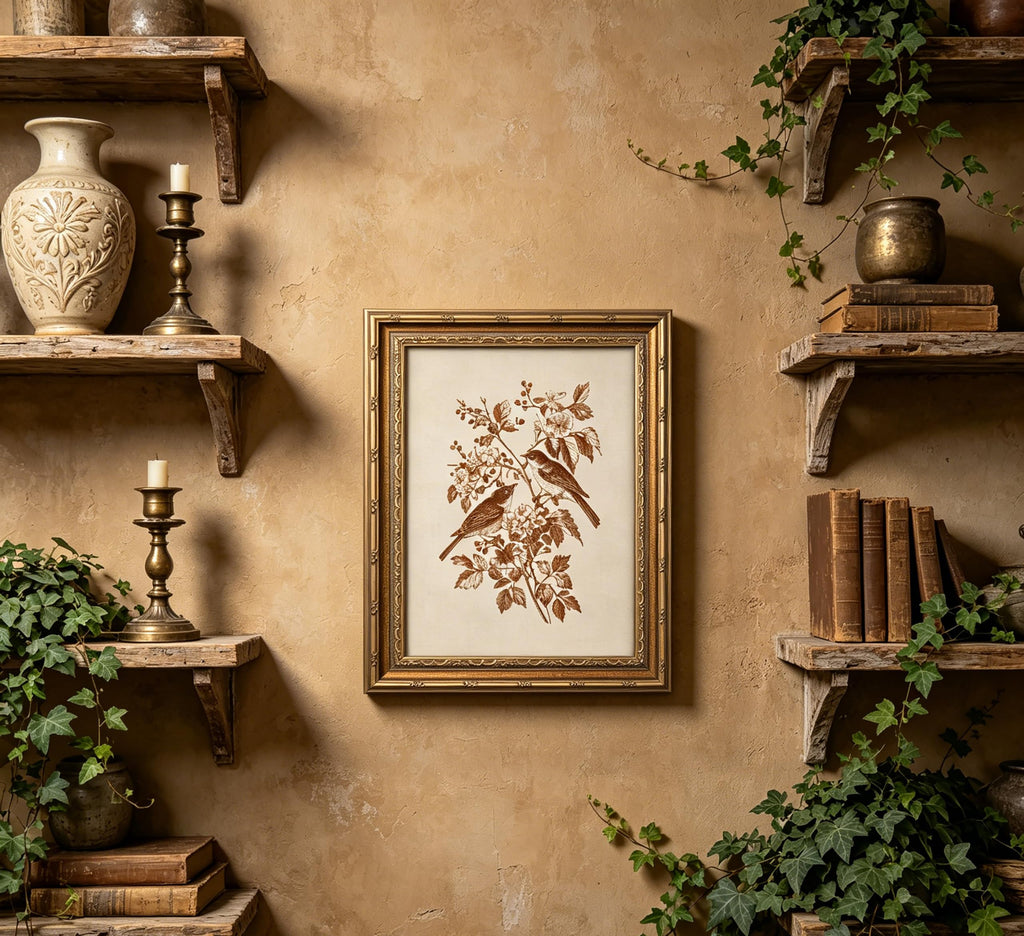 Vintage Gold Framed Canvas Wall Art Sketch Bird Painting Picture Wall Decor Botanical Flowers Sparrow Poster Print