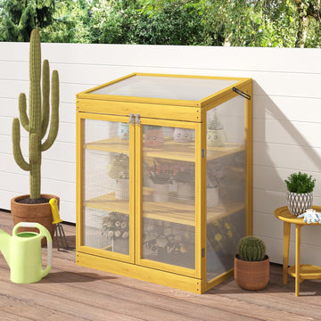 Mini Greenhouse for Outdoor Indoor, Wooden Cold Frame Green House, Portable Lean to Greenhouse, 2-Tier Polycarbonate