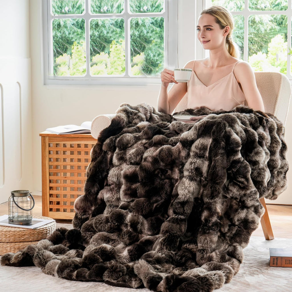 Fluffy Faux Fur Throw Blanket, Soft Plush Thick Cozy Fuzzy Luxury Minky Bubble Blanket, Tie-dye Coffee, 50" x 60"