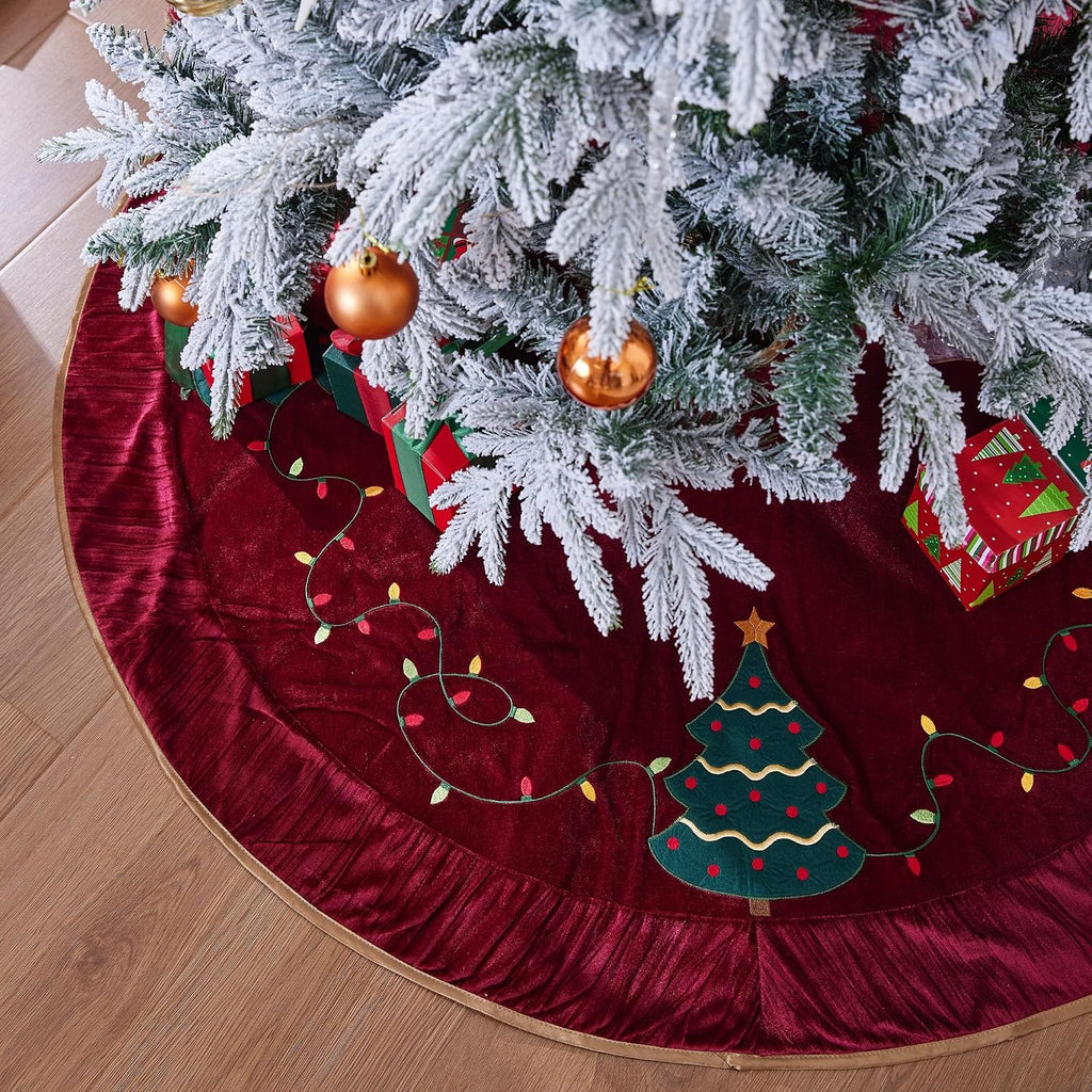 X.Sem Christmas Tree Embroidered Velvet Christmas Tree Skirt with Pleat Velvet Border 50'' Dark Red (Dark Red, 50