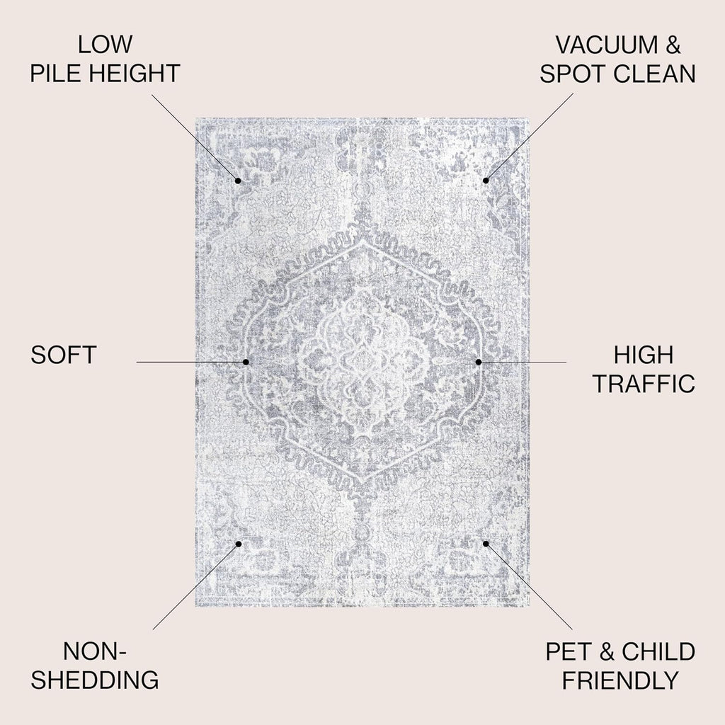 Modern Vintage Medallion Gray/Ivory 5' Round Indoor Area Rug, Country, Floral, Easy-Cleaning, Pet Friendly