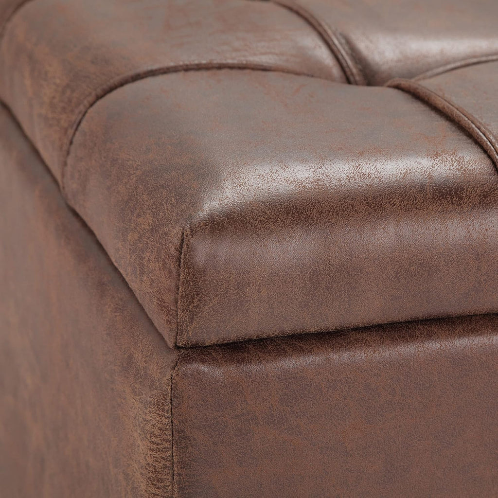 Harrison 36" Wide Vegan Leather Lift Top Ottoman in Saddle Brown | Distressed saddle brown, transitional lift-top
