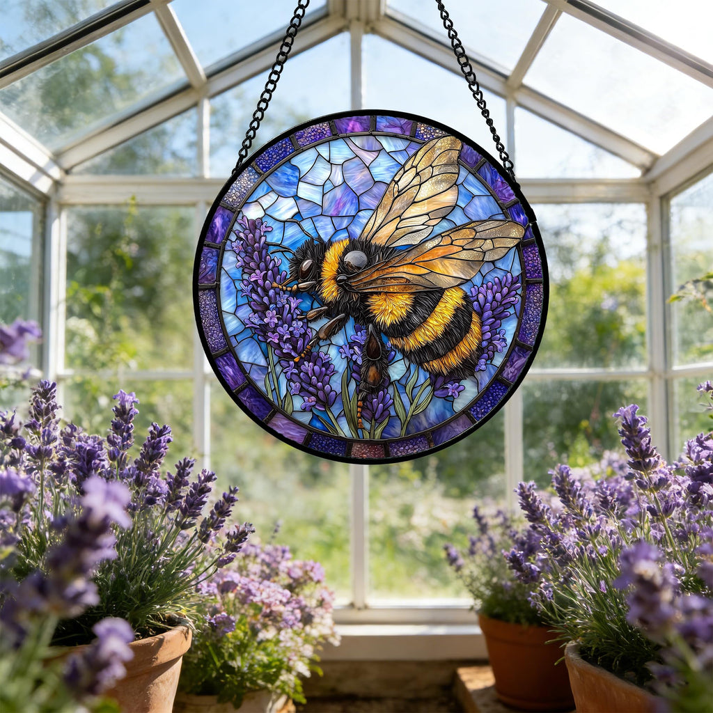 Bee Lavender Stained Glass Window Hanging Suncatcher Gifts for Women 6.3"
