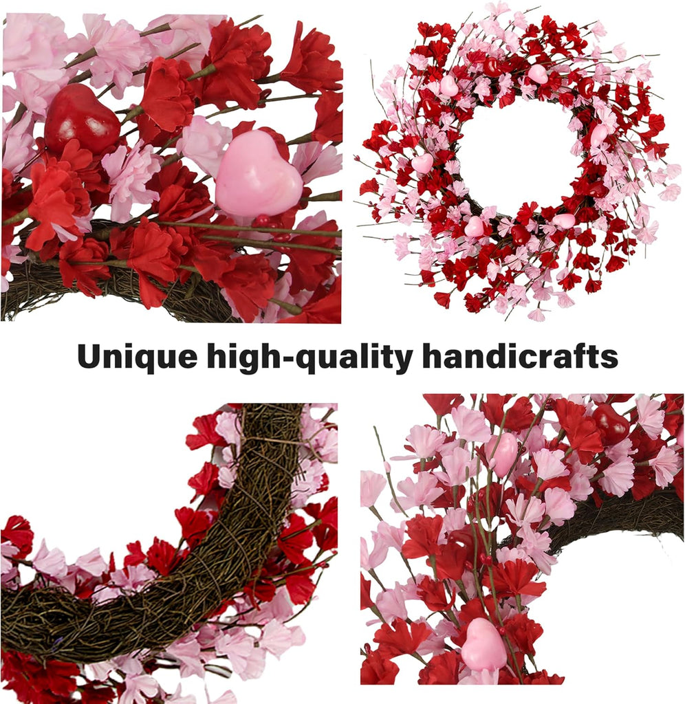 20 Inch Valentine's Day Wreath, Valentines Day Wreaths for Front Door, Valentine Day Wreath with Red Berries and Pink
