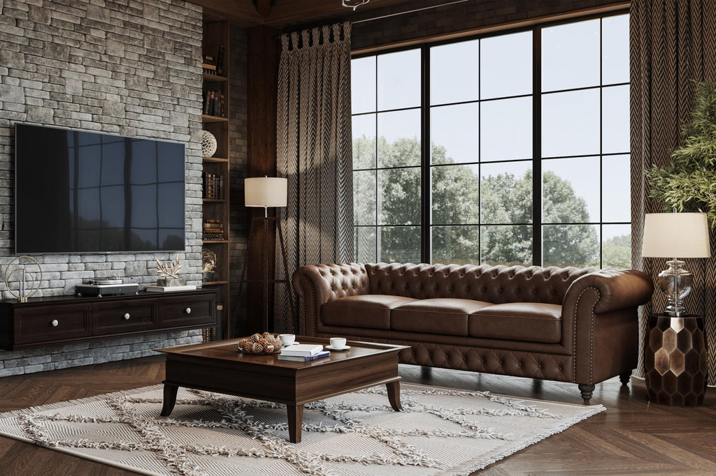 Parma 92" Leather Chesterfield Sofa, Full Leather Upholstery, 3 Seater with Button-Tufted Back, Solid Wood Feet