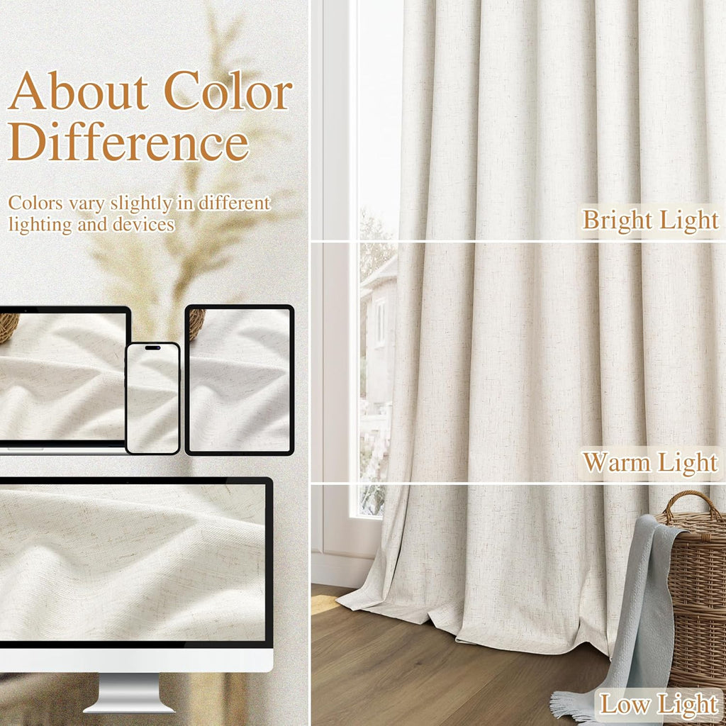 Cream 100% Blackout Linen Curtains 96 Inch Length Ceiling to Floor 2 Panels 8 FT for Living Room Bedroom Back Tab
