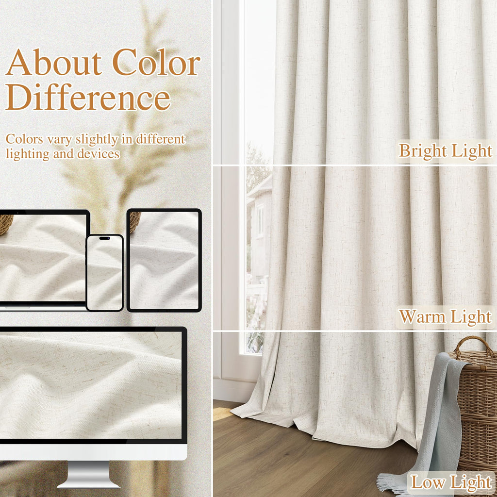 Extra Wide 100% Blackout Linen Curtains 108 Inches Cream