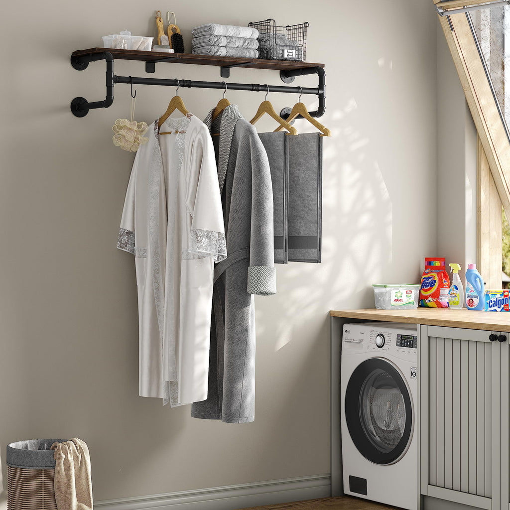 Industrial Pipe Clothes Rack with Top Shelf and 3 Hooks, 41''L Wall Mounted Garment Rack, Heavy Duty Iron Garment