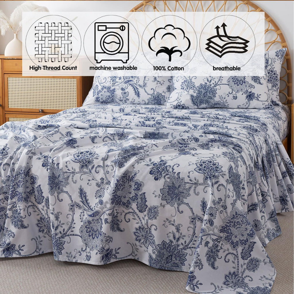 Cal King Sheets Set Percale Cotton Floral Bed Sheets Deep Pocket Fitted Sheet, Luxury Blue Floral Pattern Classic