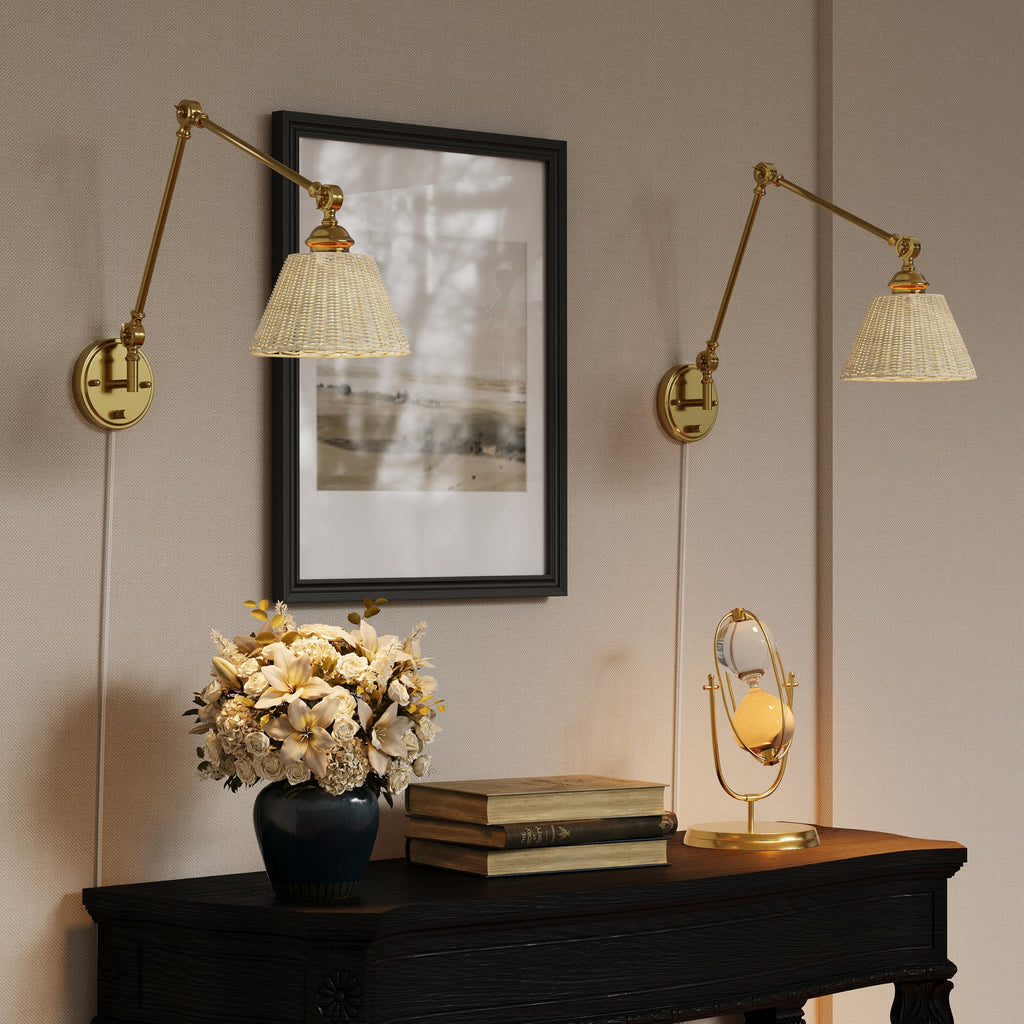 Plug in Wall Sconce, Gold Adjustable Swing Arm Wall Lamp, 1 Pack