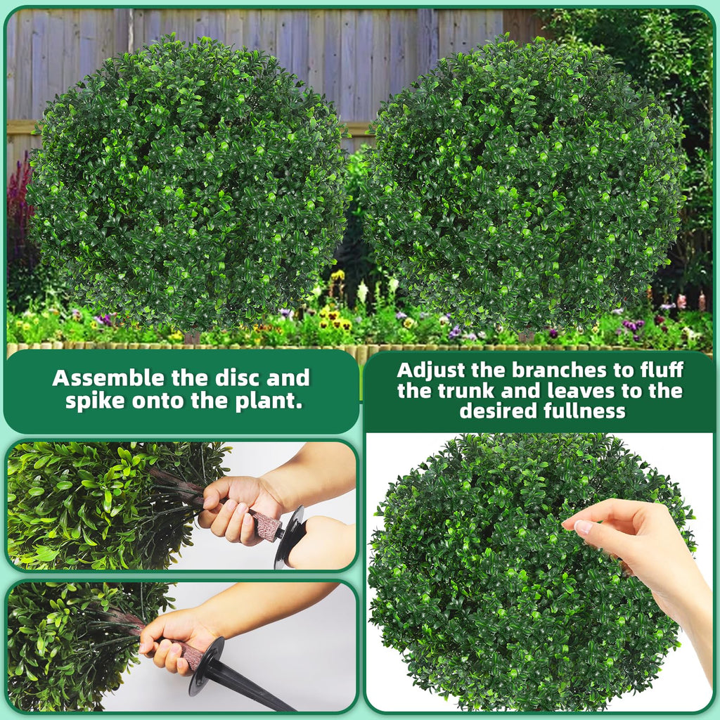 27.5" Artificial Boxwood Topiary Ball Tree, Set of 2 Fake Bushes Shrubs with Ground Spike, UV Resistant Faux