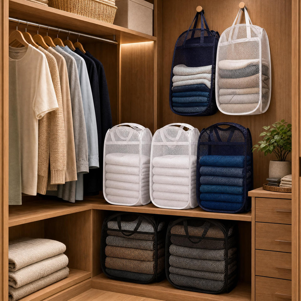 6 Pack Mesh Laundry Hampers with Side Pockets, Black White Blue