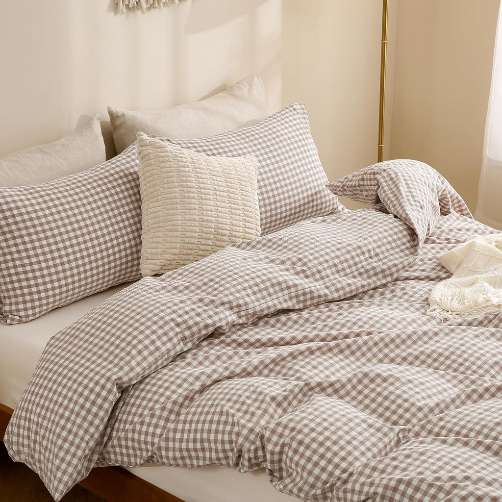 Tan Gingham Duvet Cover Bedding Set 100% Washed Cotton Like Linen Feel Super Soft Comfy 3 Piece Brown Vintage Plaid