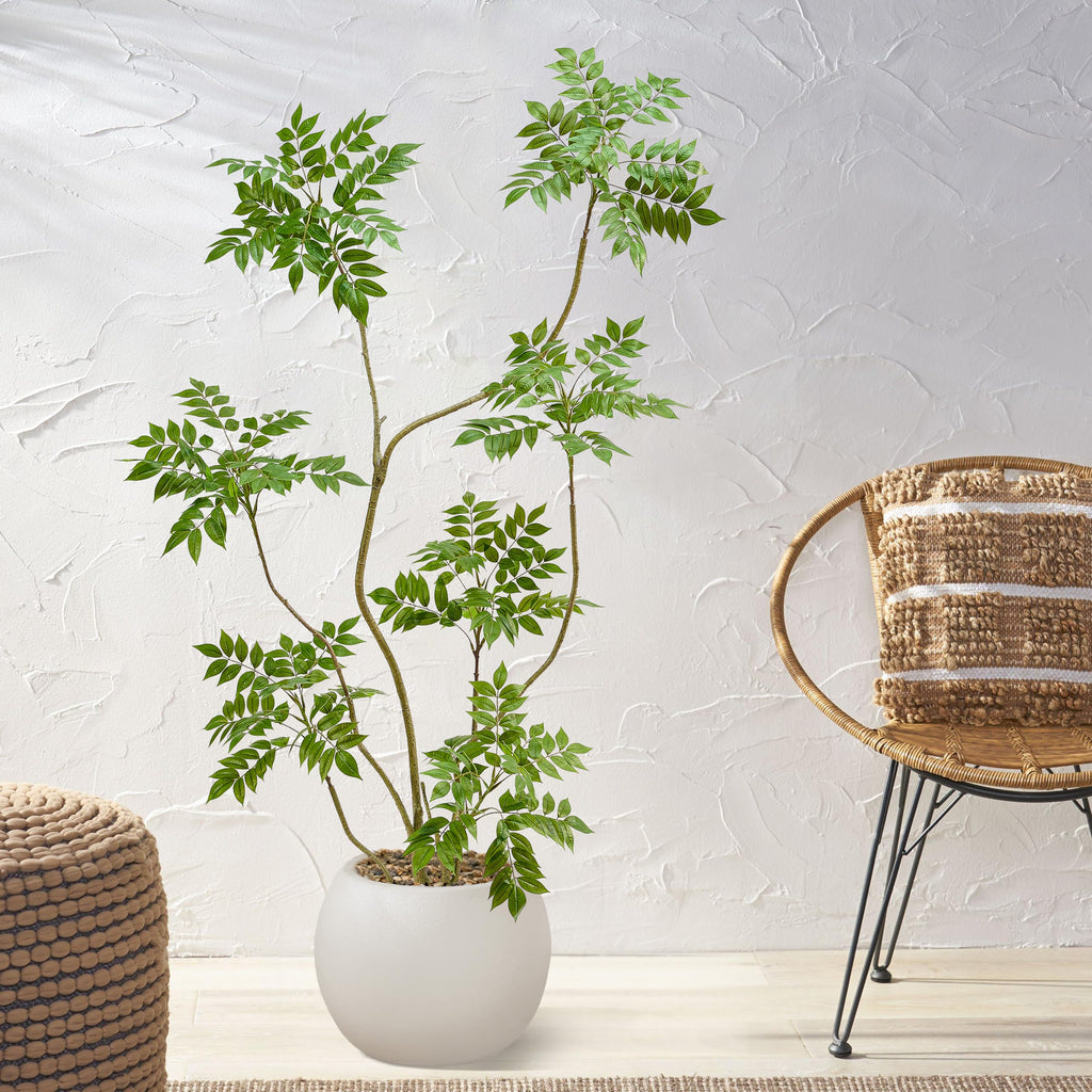 Artificial Mahonia Tree 6FT, Faux Indoor Tree with White Planter