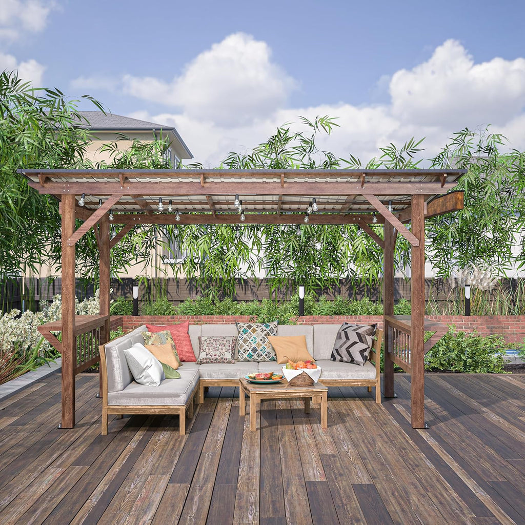 13' x 6.5' Wooden Grill Gazebo Metal Roof, Bulbs, Bar Counters, Patio Hardtop Grill Pergola, BBQ Canopy for Outdoor Patio, Lawn, Garden, Backyard